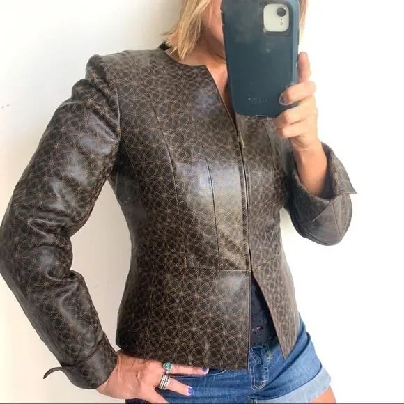 Leather Geometric Dark Brown Fitted Jacket - Picture 3 of 14